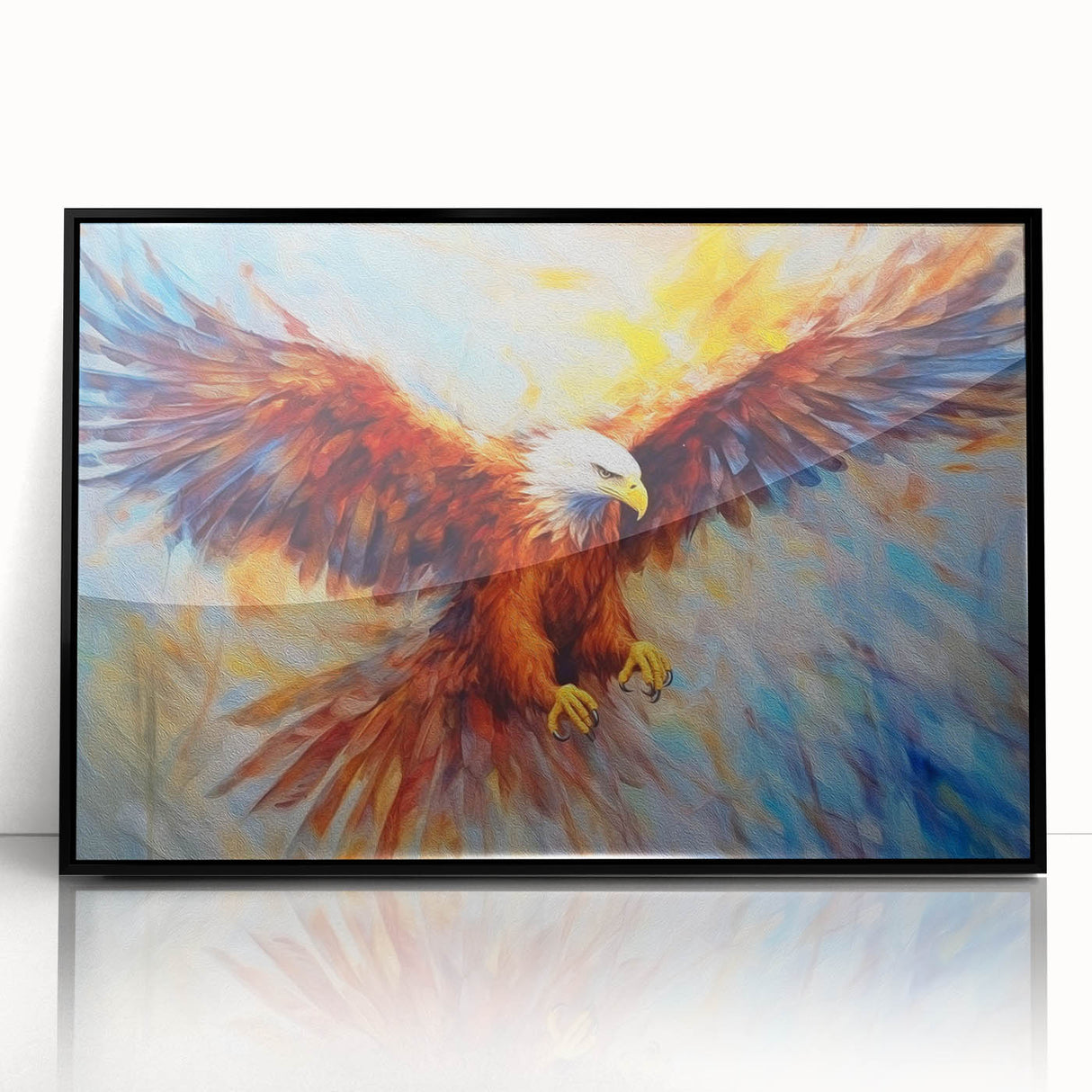 Framed wall art featuring a vibrant bird design in acrylic, showcasing intricate details and a sleek black frame, perfect for enhancing modern decor.