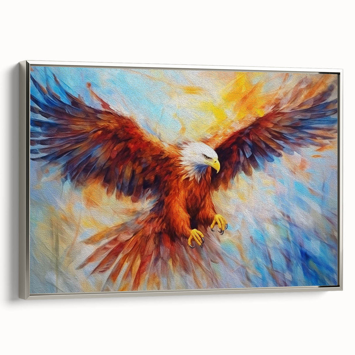 Framed canvas wall art showcasing a stunning bird design in a silver frame, featuring vibrant colors and intricate details, perfect for modern home decor.