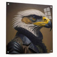 Acrylic glass wall art featuring a vibrant "Birds of Pray" design, showcasing colorful bird illustrations. The artwork is displayed from the side, highlighting its sleek profile and pin mountings for easy hanging. Perfect for nature lovers and modern decor enthusiasts.