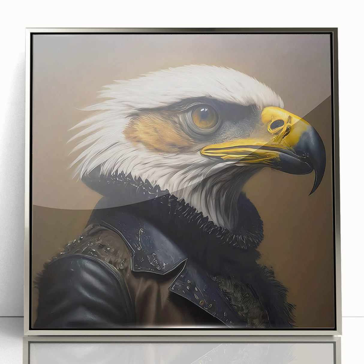 Framed wall art featuring a striking design of birds of prey in a silver-acrylic frame, showcasing intricate details and vibrant colors, perfect for modern decor.