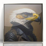 Framed wall art featuring a striking design of birds of prey in a silver-acrylic frame, showcasing intricate details and vibrant colors, perfect for modern decor.
