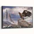 Framed canvas wall art depicting a vibrant birds of prey design, showcasing intricate details and bold colors, positioned against a sleek black frame for a modern touch.