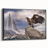 Framed canvas wall art depicting a vibrant birds of prey design, showcasing intricate details and bold colors, positioned against a sleek black frame for a modern touch.