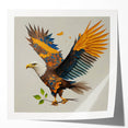 Colorful and modern wall art featuring a stylized bird design, showcasing vibrant hues of blue, yellow, and red against a white background, ideal for contemporary home decor.