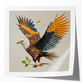 Colorful and modern wall art featuring a stylized bird design, showcasing vibrant hues of blue, yellow, and red against a white background, ideal for contemporary home decor.