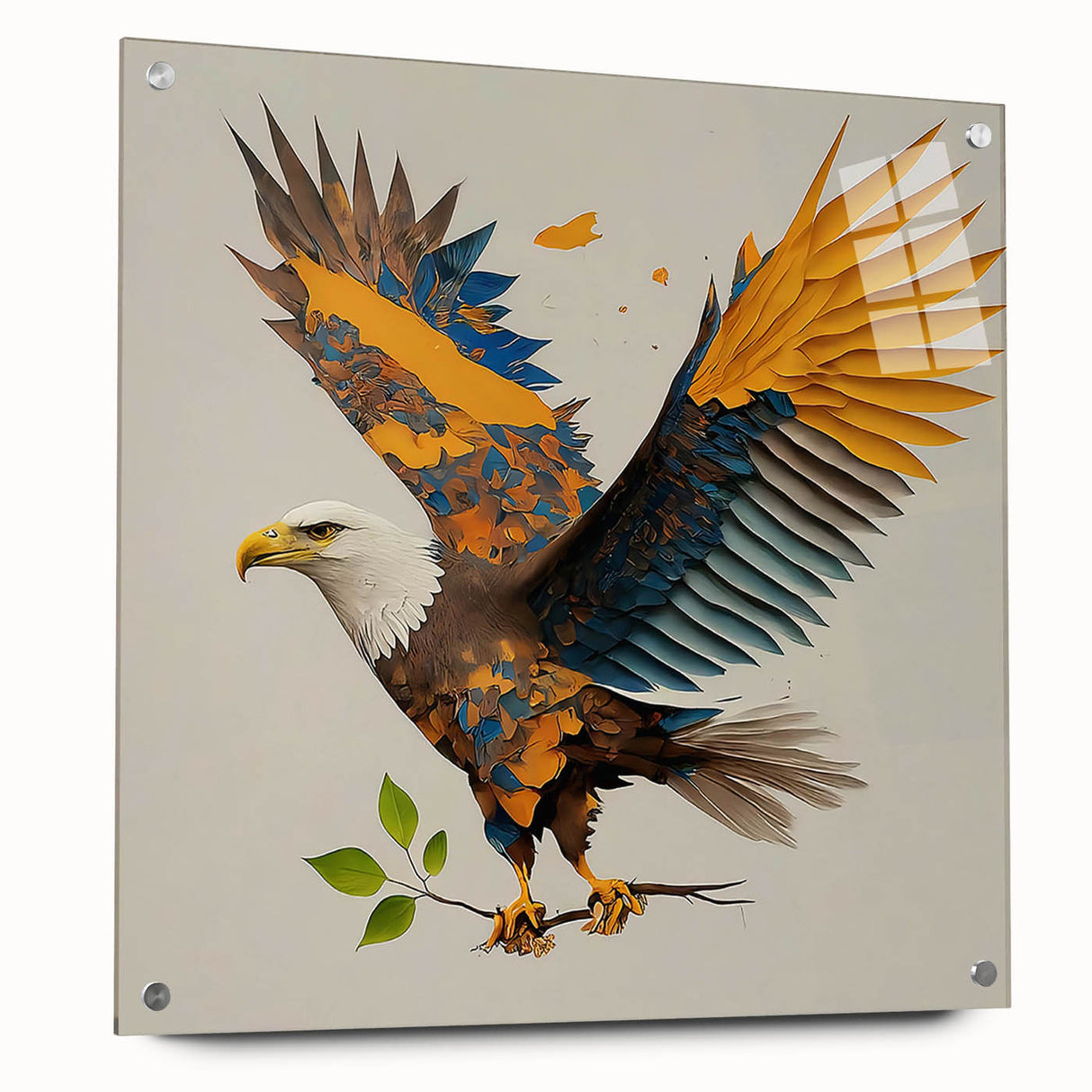Side view of a vibrant acrylic wall art piece from the "Birds of Pray" collection, showcasing colorful bird designs mounted with stylish pins, ideal for modern decor.