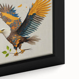 Close-up of a framed canvas wall art piece featuring a vibrant birds of prey design, showcasing intricate details and rich colors, ideal for nature-themed decor.