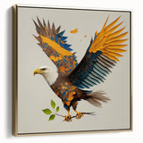 Framed canvas wall art featuring a stunning gold-accented design of birds of prey, displayed in a side view to highlight its intricate details and elegant finish.