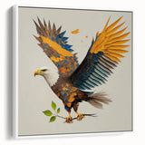 Framed wall art showcasing a vibrant birds of prey design on a textured canvas, featuring a sleek white frame, ideal for modern home decor.