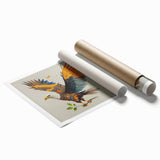 Colorful rolled print showcasing a vibrant bird-themed wall art design, perfect for home decor; features intricate details and is securely packaged in a protective cardboard tube.