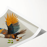 Colorful wall art print showcasing a vibrant design of various birds in flight, ideal for home decor, printed on high-quality paper, rolled for easy framing.