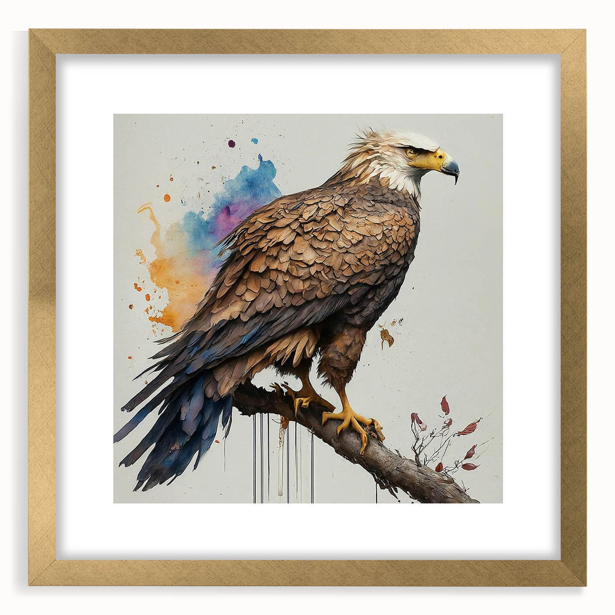 Framed wall art featuring a "Birds of Pray" design, showcasing intricate bird illustrations in vibrant colors with a gold frame and mat, perfect for home decor.
