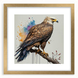 Framed wall art featuring a "Birds of Pray" design, showcasing intricate bird illustrations in vibrant colors with a gold frame and mat, perfect for home decor.