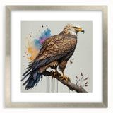 Framed wall art featuring a collection of birds in a vibrant design, displayed in a silver frame with a white mat, perfect for modern home decor.