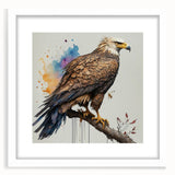 Framed wall art featuring a striking design of birds of prey in vivid colors, set in a white mat and frame, ideal for nature lovers and home decor enthusiasts.