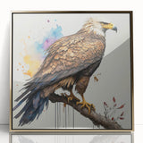 Framed wall art featuring a vibrant design of birds of prey, with a sleek gold frame and acrylic front, ideal for nature lovers and modern decor enthusiasts.