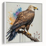 Framed canvas wall art showcasing a vibrant bird design in a contemporary style, featuring a white frame and displayed from a side view, perfect for modern decor.