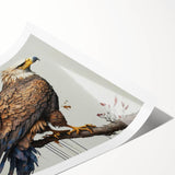 Rolled print of a vibrant birds of prey wall art design featuring detailed illustrations of various raptors in flight, perfect for wildlife enthusiasts and home decor.