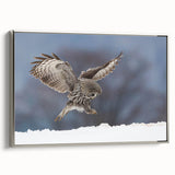 Framed canvas wall art featuring a detailed design of birds of prey in silver tones, showcasing an elegant side view, perfect for home decor.