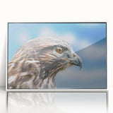 Framed wall art featuring a vibrant bird-themed design from the Birds of Pray collection, presented in a sleek white frame, perfect for modern decor.