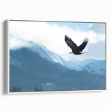 Framed canvas wall art featuring a vibrant bird design from the Birds of Prey collection, showcased in a sleek white frame, ideal for home decor.