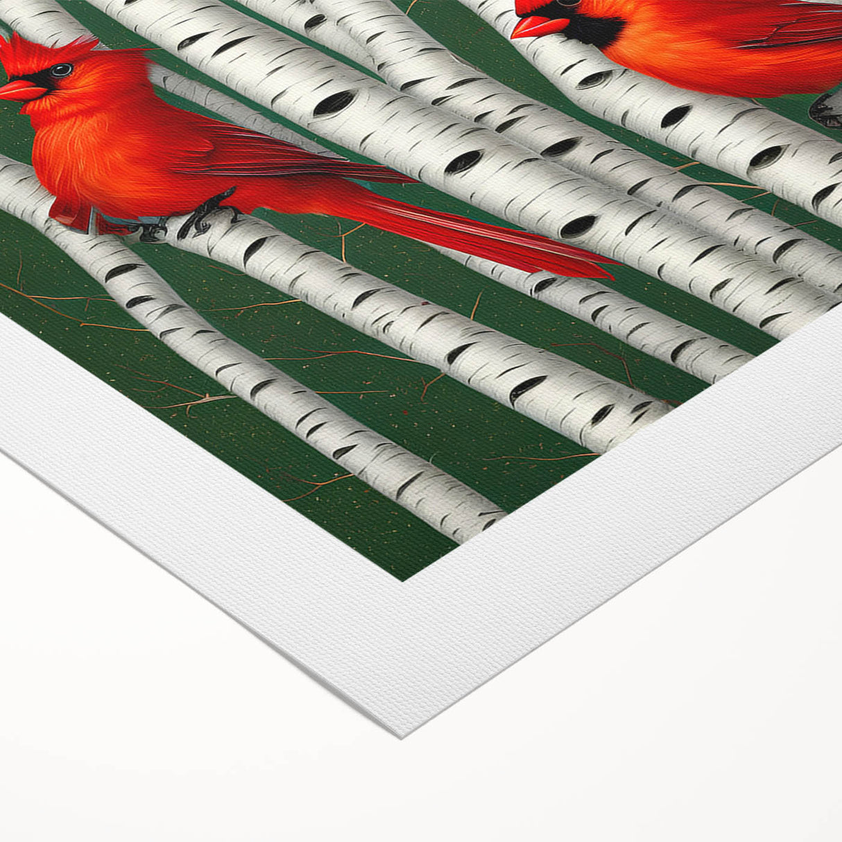 Vibrant rolled canvas wall art showcasing a stunning cardinal bird design with rich red and green colors, perfect for nature enthusiasts and home decor.