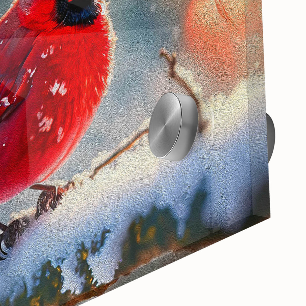 Close-up view of a vibrant cardinal wall art piece, showcasing rich red and black colors on acrylic glass, perfect for enhancing home decor with a touch of nature.