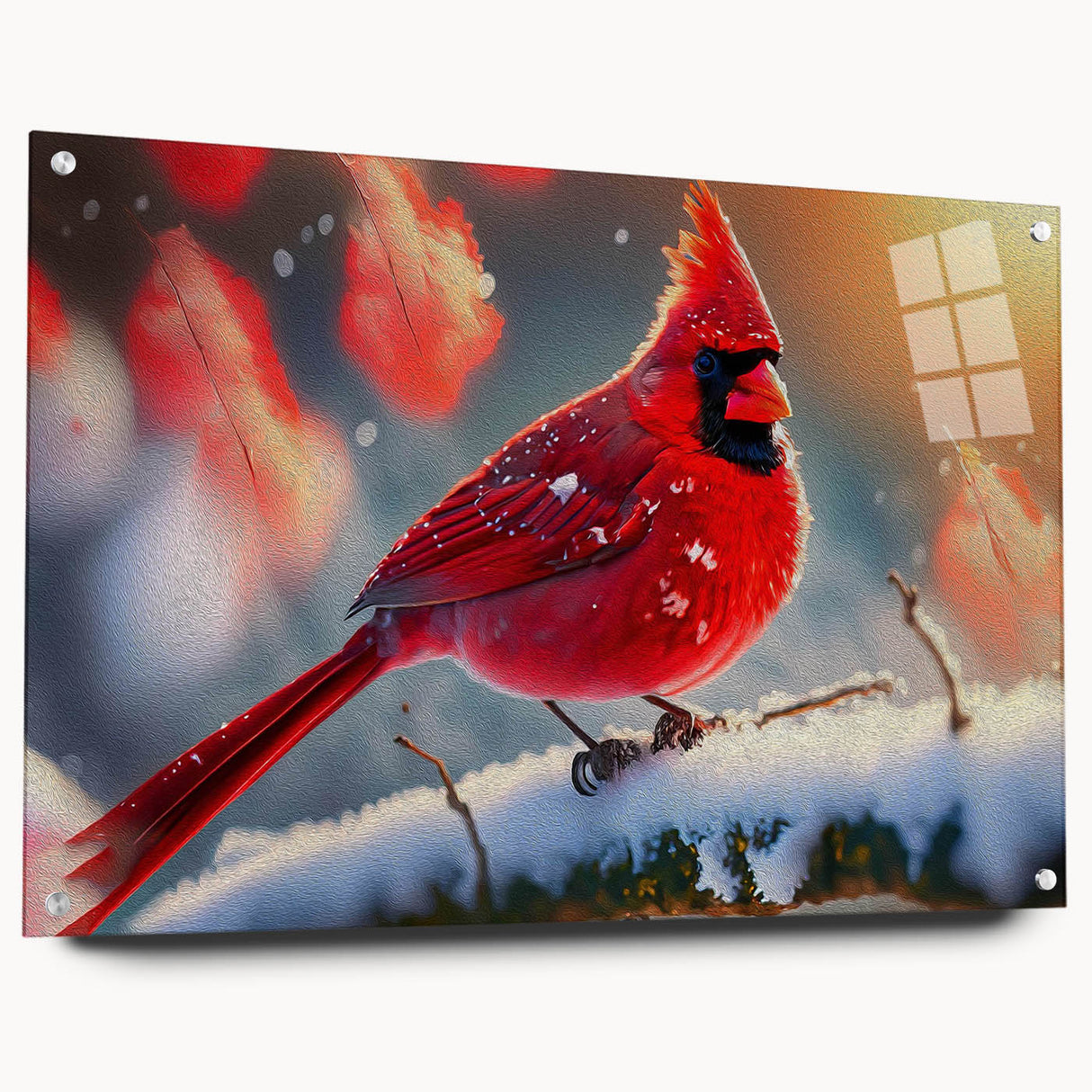 Close-up of a vibrant cardinal wall art design printed on acrylic glass, showcasing rich red and green colors, elegantly displayed with decorative pins. Perfect for nature-themed decor.