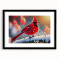 Framed wall art featuring a vibrant cardinal bird design in red and black, showcasing intricate details and textures, perfect for nature-themed decor.