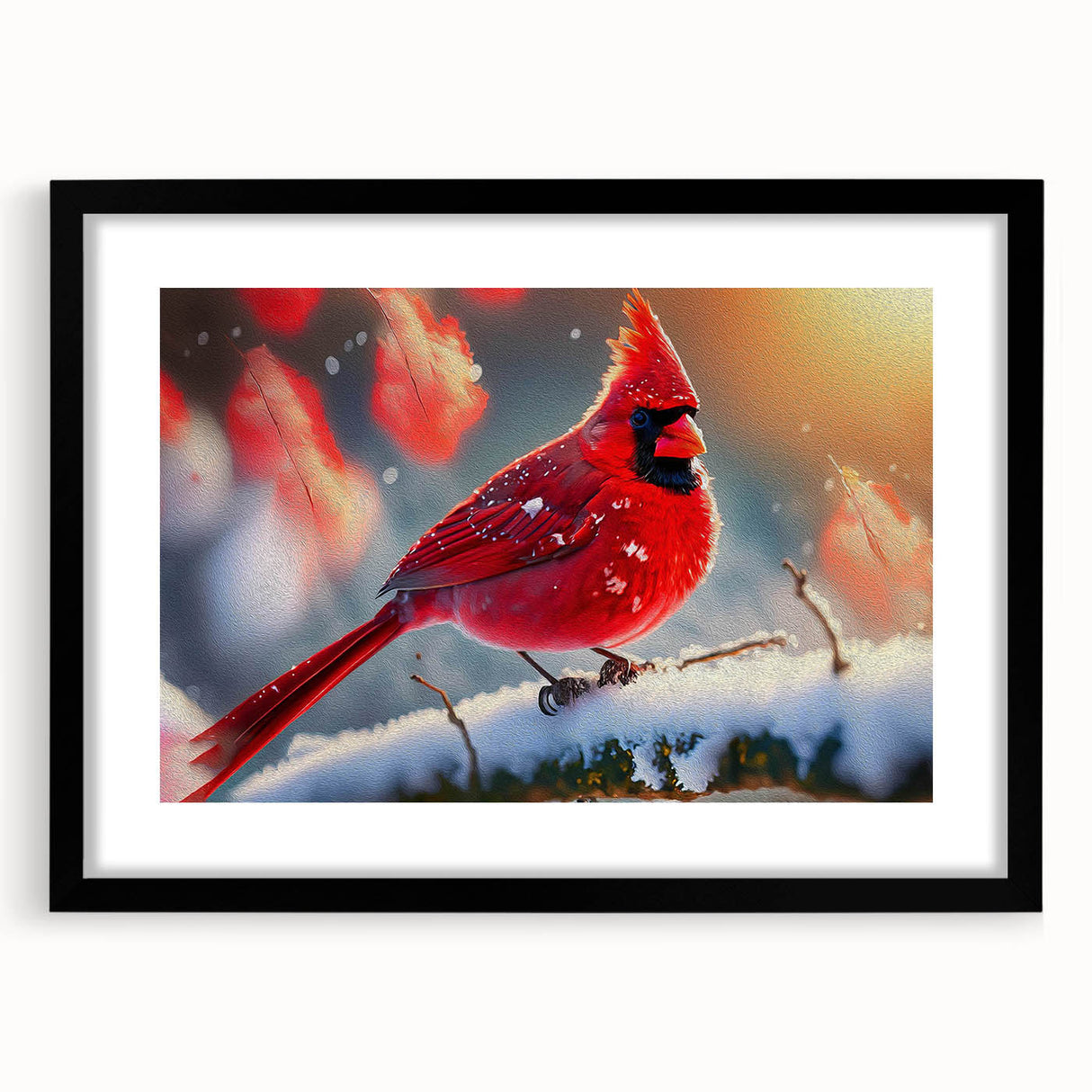 Framed wall art featuring a vibrant cardinal bird design in red and black, showcasing intricate details and textures, perfect for nature-themed decor.
