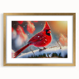 Framed wall art featuring a vibrant cardinal bird design in striking red and gold tones, elegantly matted for display, perfect for nature lovers and home decor enthusiasts.
