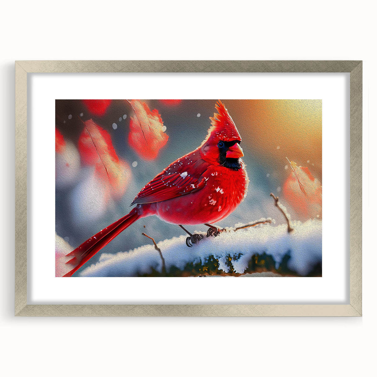 Framed wall art featuring a vibrant cardinal bird design, set in a sleek silver frame with a mat, ideal for adding color to home decor.