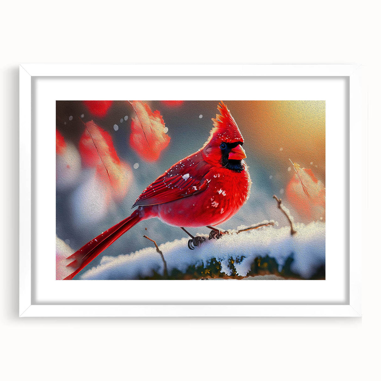 Framed wall art featuring a vibrant cardinal bird design in red and green, set against a white background, perfect for home or office decor. The artwork is elegantly matted and designed to enhance any interior space.