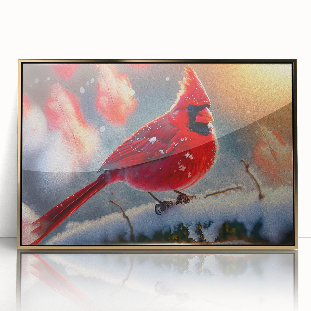 Framed wall art featuring vibrant red cardinal birds perched on branches, set against a gold-accented background, perfect for adding a touch of nature-inspired elegance to home decor.