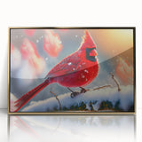 Framed wall art featuring vibrant red cardinal birds perched on branches, set against a gold-accented background, perfect for adding a touch of nature-inspired elegance to home decor.