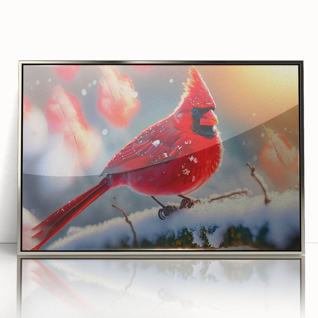 Framed wall art featuring a striking design of cardinals perched on branches, set in an elegant silver frame with a glossy acrylic front, ideal for home decor.