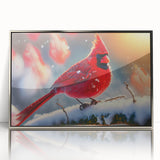 Framed wall art featuring a striking design of cardinals perched on branches, set in an elegant silver frame with a glossy acrylic front, ideal for home decor.