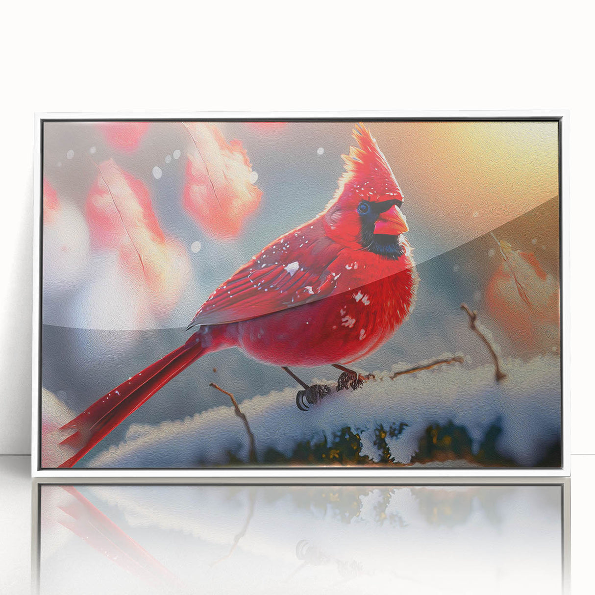 Framed wall art featuring a vibrant cardinal design, showcasing bright red and green colors, perfect for adding a nature-inspired touch to home decor.