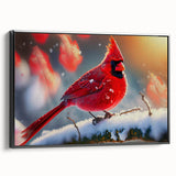 Framed wall art showcasing a vibrant cardinal design on a black canvas, highlighting rich colors and intricate details, perfect for nature lovers' decor.