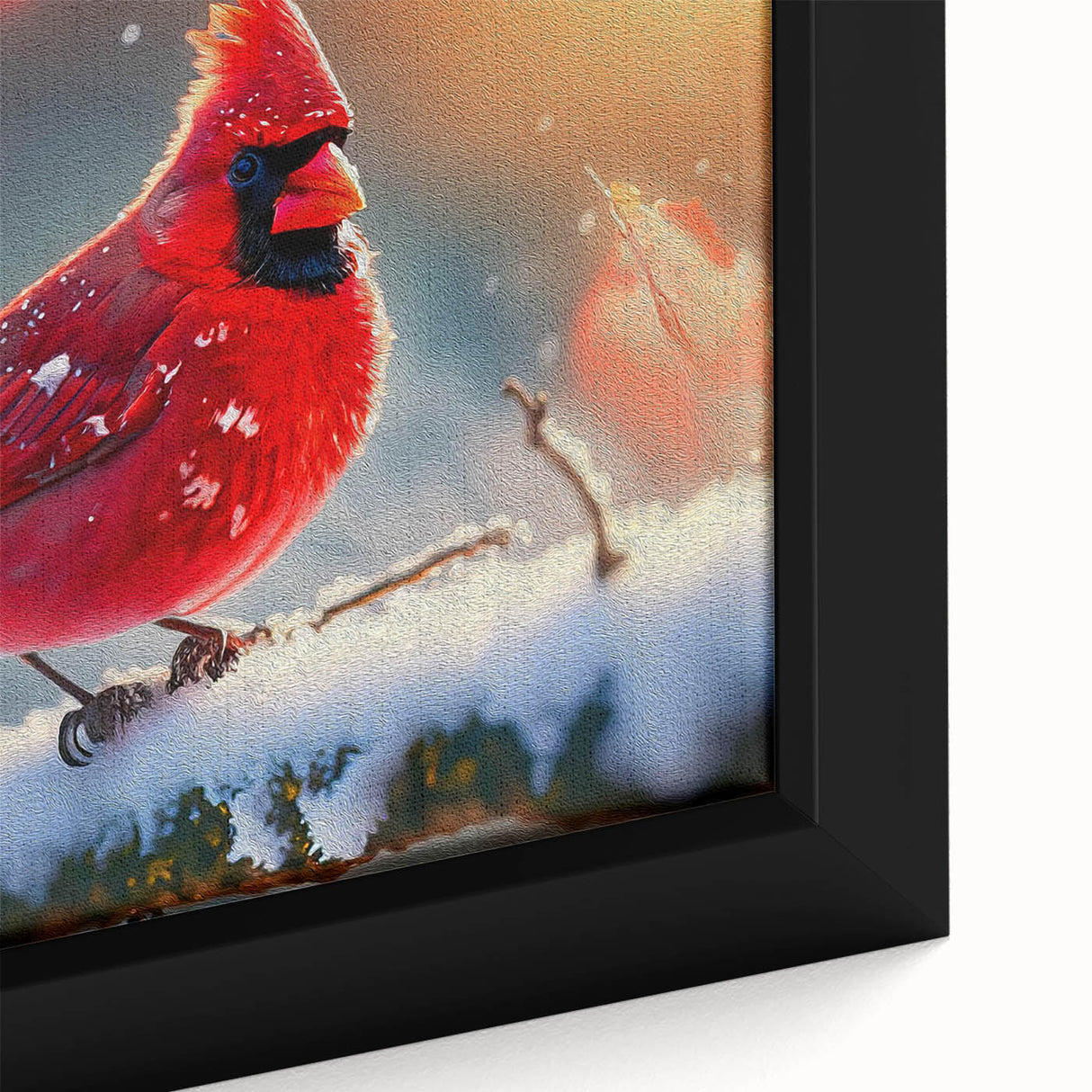 Close-up view of a framed canvas wall art featuring vibrant red cardinals perched on branches, showcasing intricate details and textures, perfect for nature lovers.
