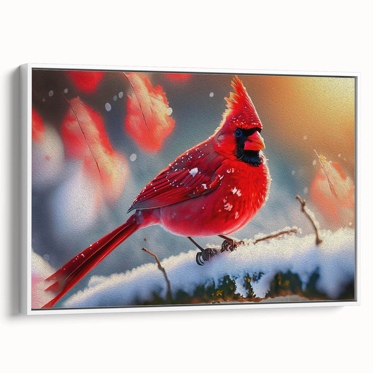 Framed canvas wall art showcasing a vibrant cardinal bird design in a white frame, perfect for enhancing home decor with nature-inspired elegance.