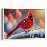 Framed canvas wall art showcasing a vibrant cardinal bird design in a white frame, perfect for enhancing home decor with nature-inspired elegance.