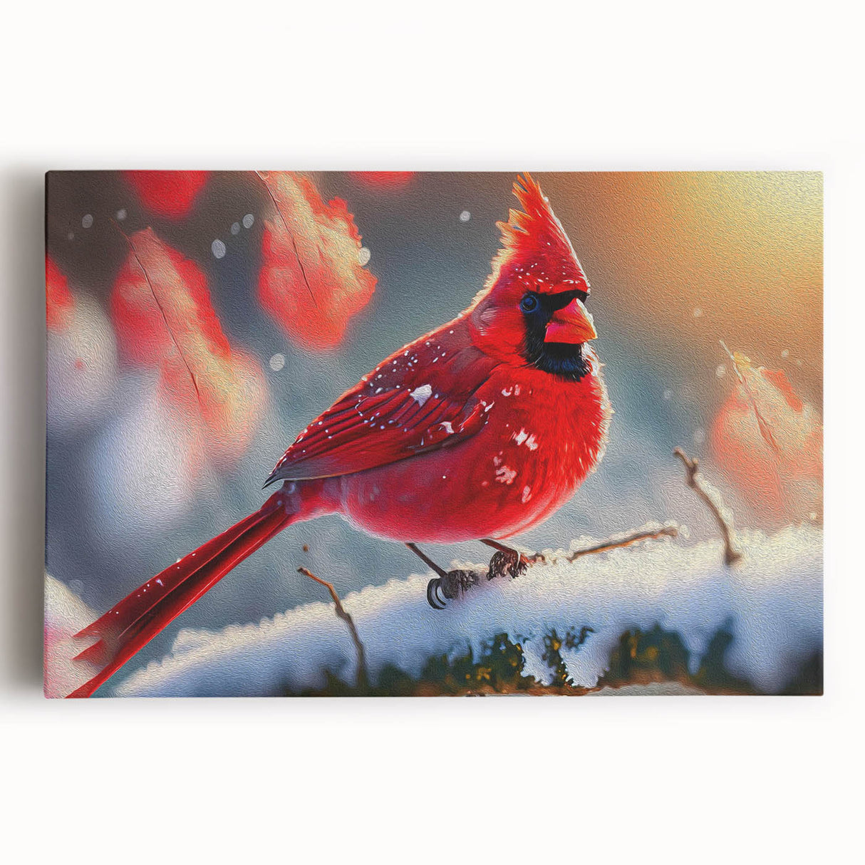 Vibrant cardinal bird wall art design on stretched canvas, showcasing rich red and green colors against a neutral background, perfect for home decor.