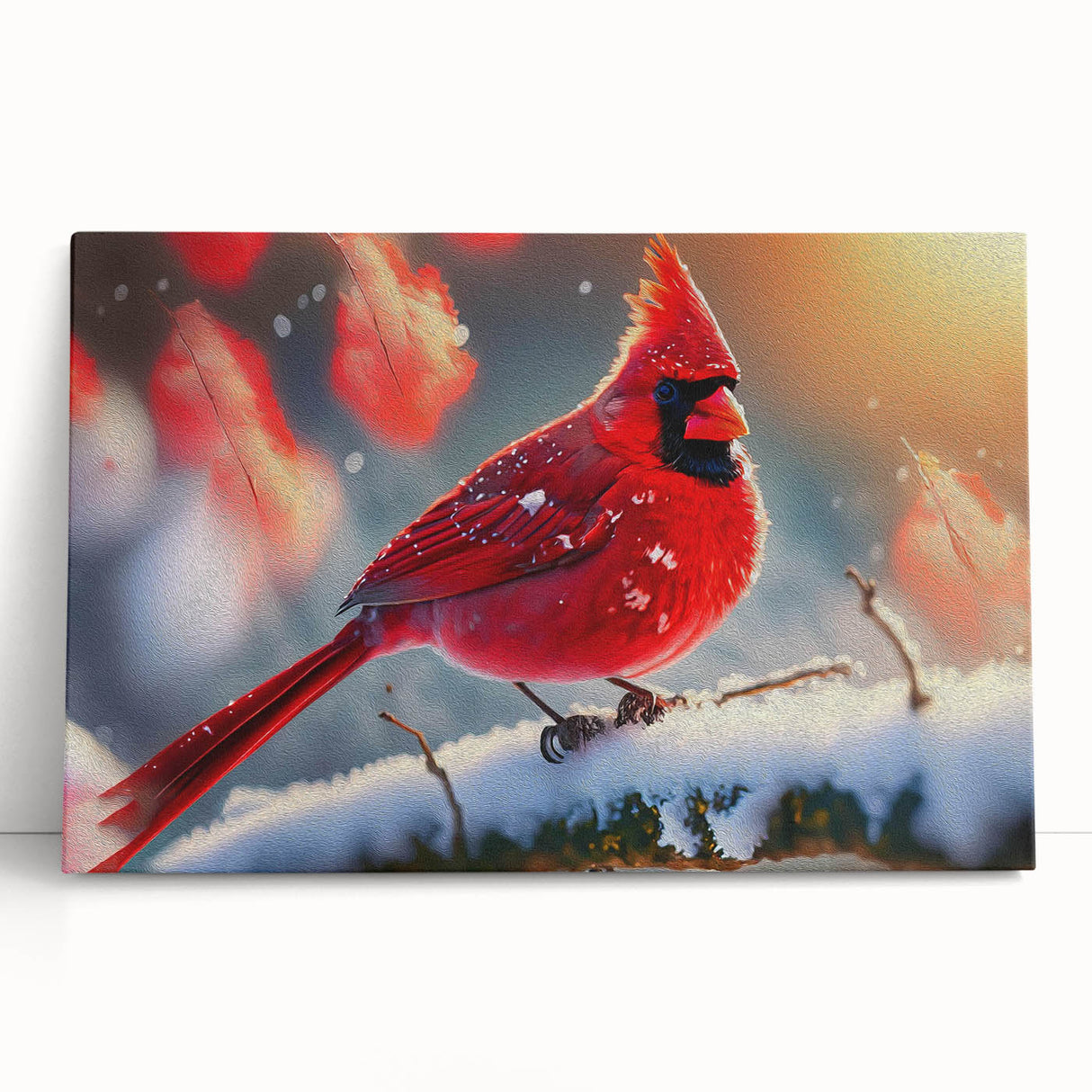 Vibrant canvas wall art showcasing a cardinal bird perched on a branch, with rich red feathers against a soft green background, perfect for nature-themed decor.