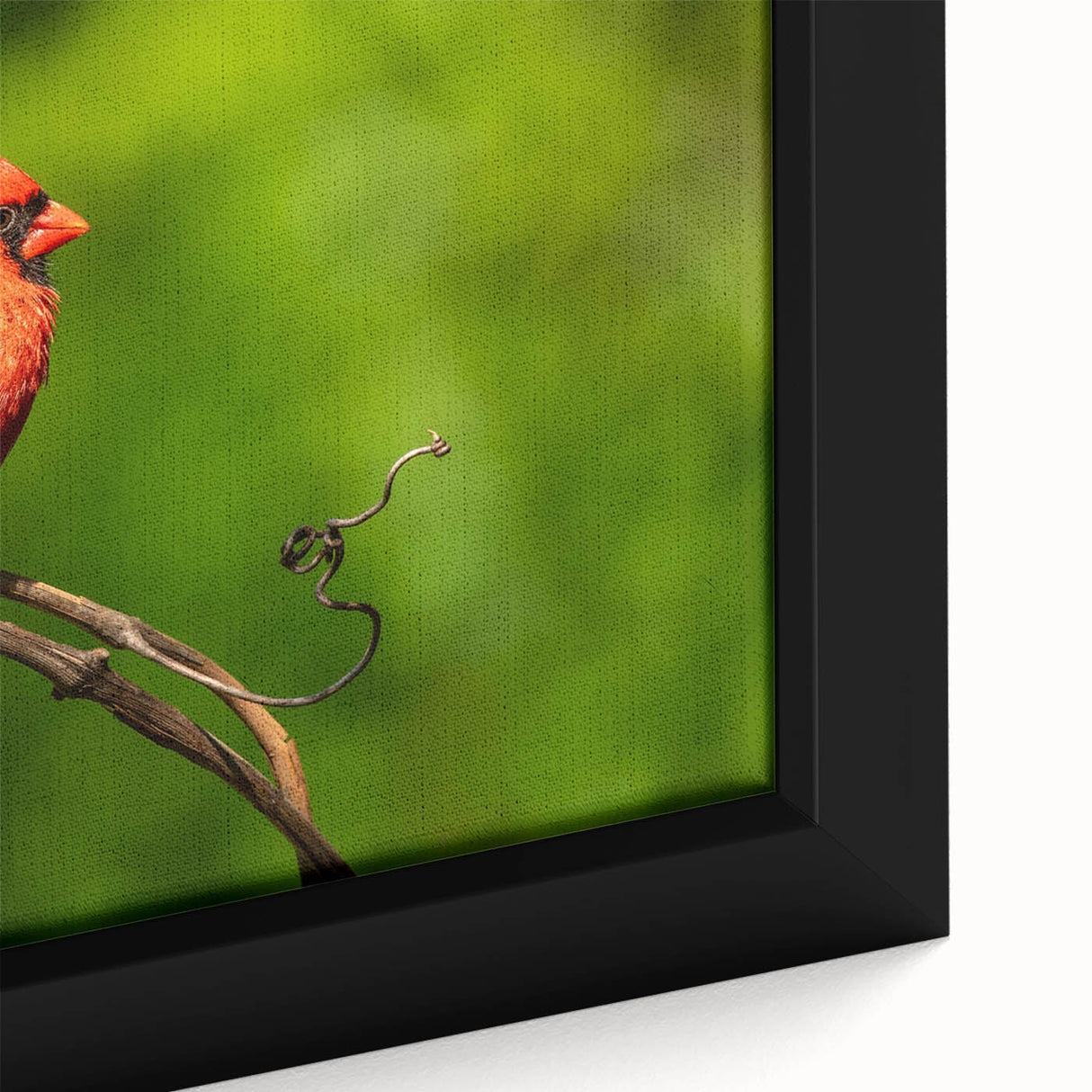 Close-up of a framed canvas wall art piece showcasing vibrant red cardinals perched on delicate branches, set against a soft, muted background, perfect for nature lovers.