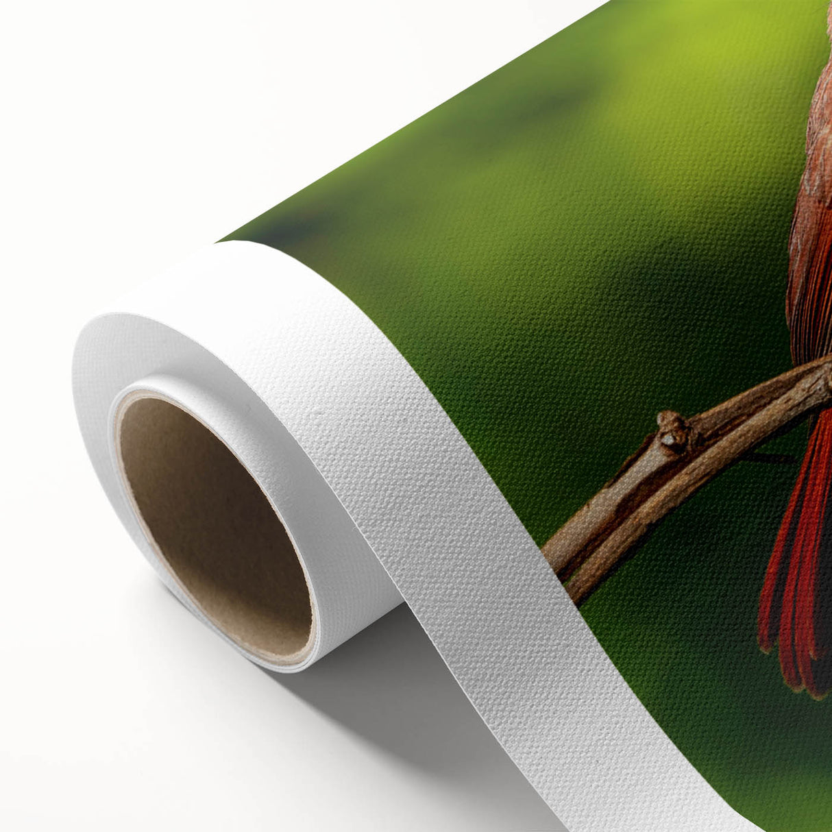 Vibrant rolled canvas wall art featuring a striking cardinal bird design on a lush green background, ideal for adding a nature-inspired touch to home decor.