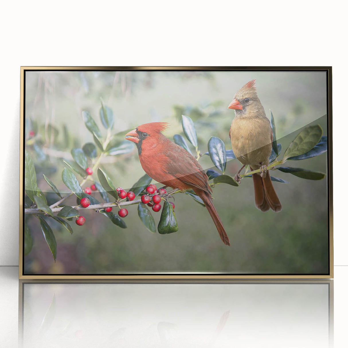 Framed wall art featuring a vibrant cardinal bird design in a gold-acrylic frame, showcasing intricate details and vivid colors, perfect for home decor.