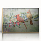 Framed wall art featuring a vibrant cardinal bird design in a gold-acrylic frame, showcasing intricate details and vivid colors, perfect for home decor.