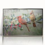 Framed wall art featuring a vibrant cardinal bird design, showcasing rich red and green colors with a sleek silver frame, perfect for nature lovers' decor.