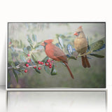 Framed wall art featuring a vibrant cardinal bird design in a white frame, showcasing intricate details and bright colors, perfect for nature-inspired decor.